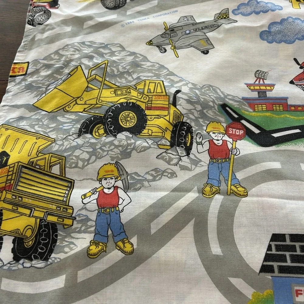 Vintage Tonka Truck Flat And Fitted Sheet Set Construction Planes Fire trucks
